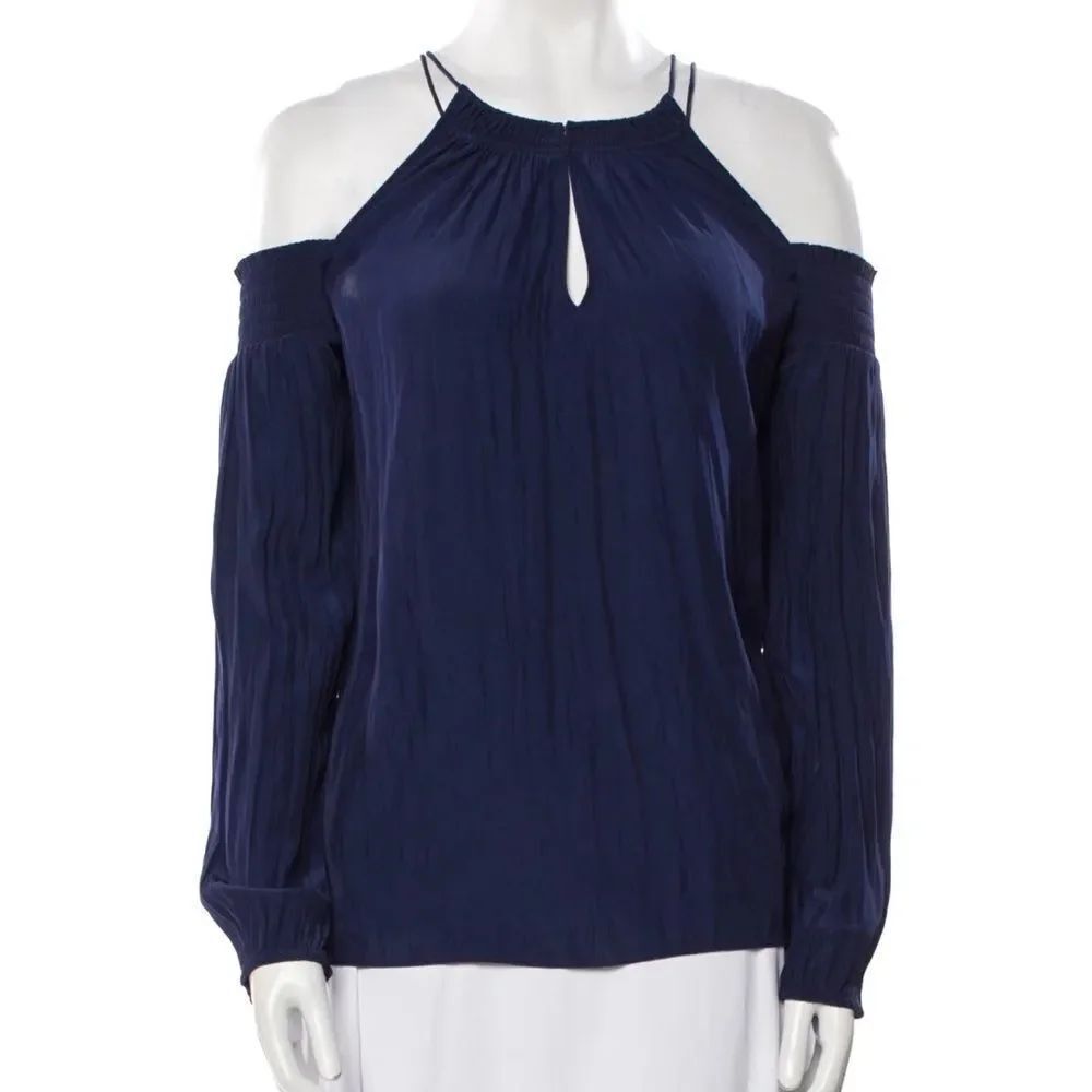 Ramy Brook Blue Satin Cold Shoulder Long Sleeve Blouse Women’s Size XS